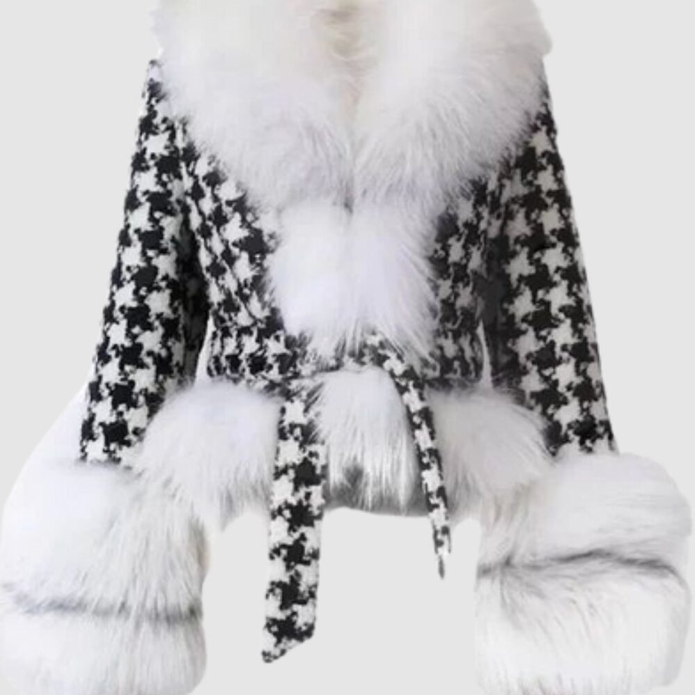Houndstooth Belted Faux Fur Trim Belted Wool Jacket Size L by Akira
